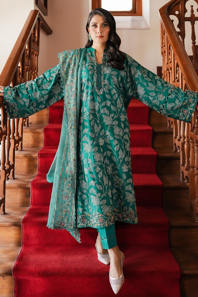 Emerald Green Embroidered Dhanak 3-Piece Suit