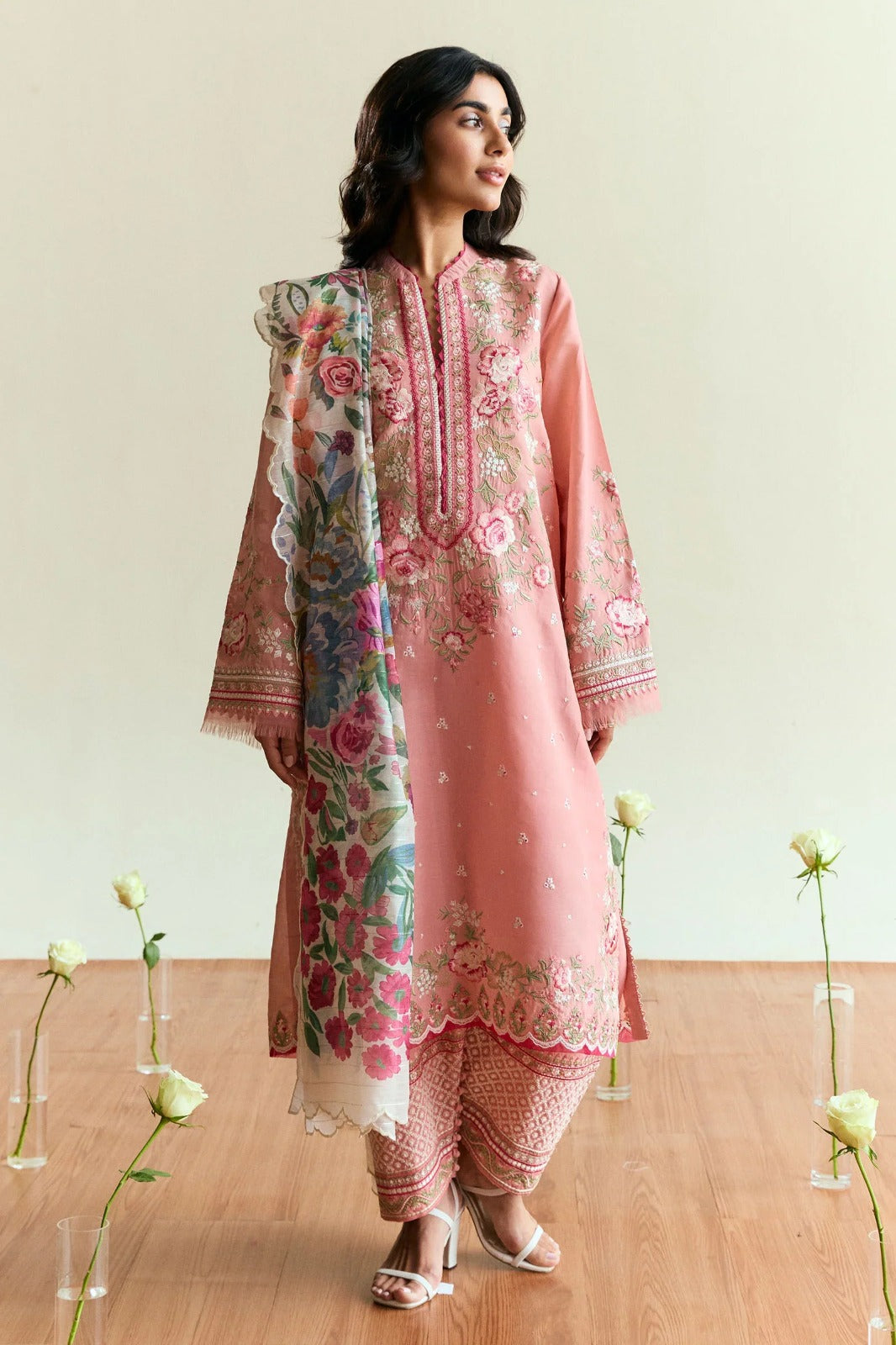 Peach Pink Embroidered Dhanak 3-Piece Suit