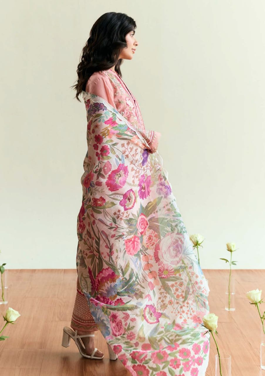 Peach Pink Embroidered Dhanak 3-Piece Suit