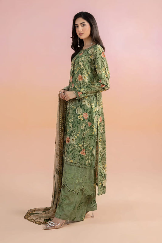 Olive Green Embroidered 3-Piece Suit – Elegant Floral Detailing