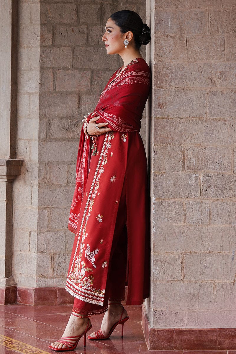 Red Ember Embroidered Dhanak 3-Piece Suit
