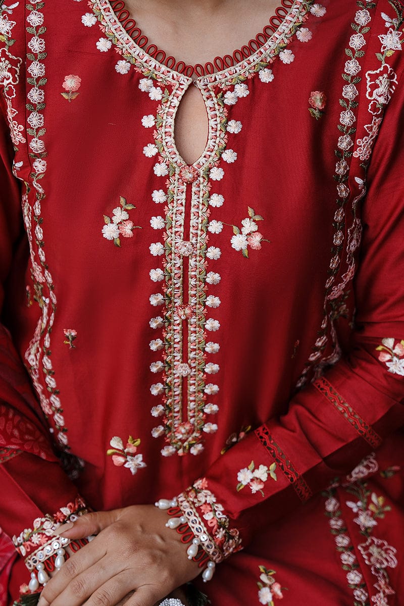 Red Ember Embroidered Dhanak 3-Piece Suit