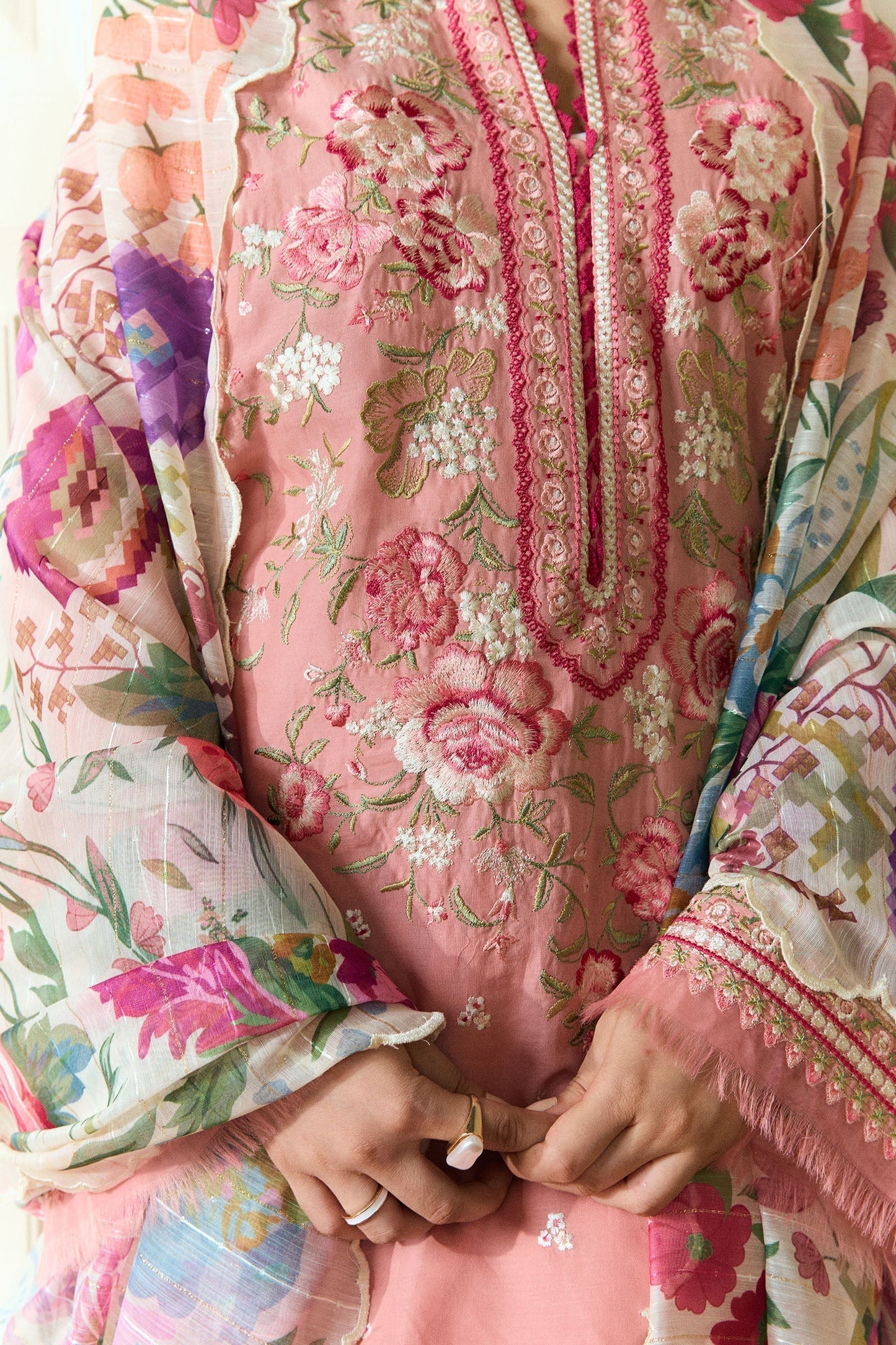 Peach Pink Embroidered Dhanak 3-Piece Suit