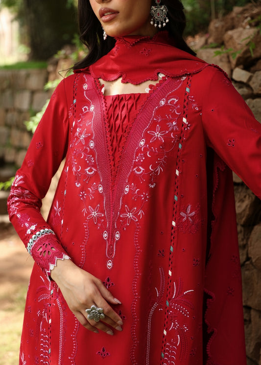 Vibrant Red Embroidered Dhanak 3-Piece Suit