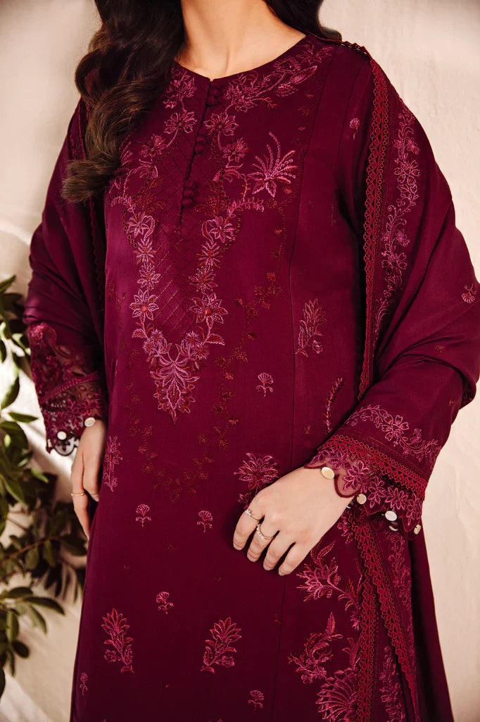 Majestic Maroon Embroidered Luxury Dhanak 3-Piece Outfit