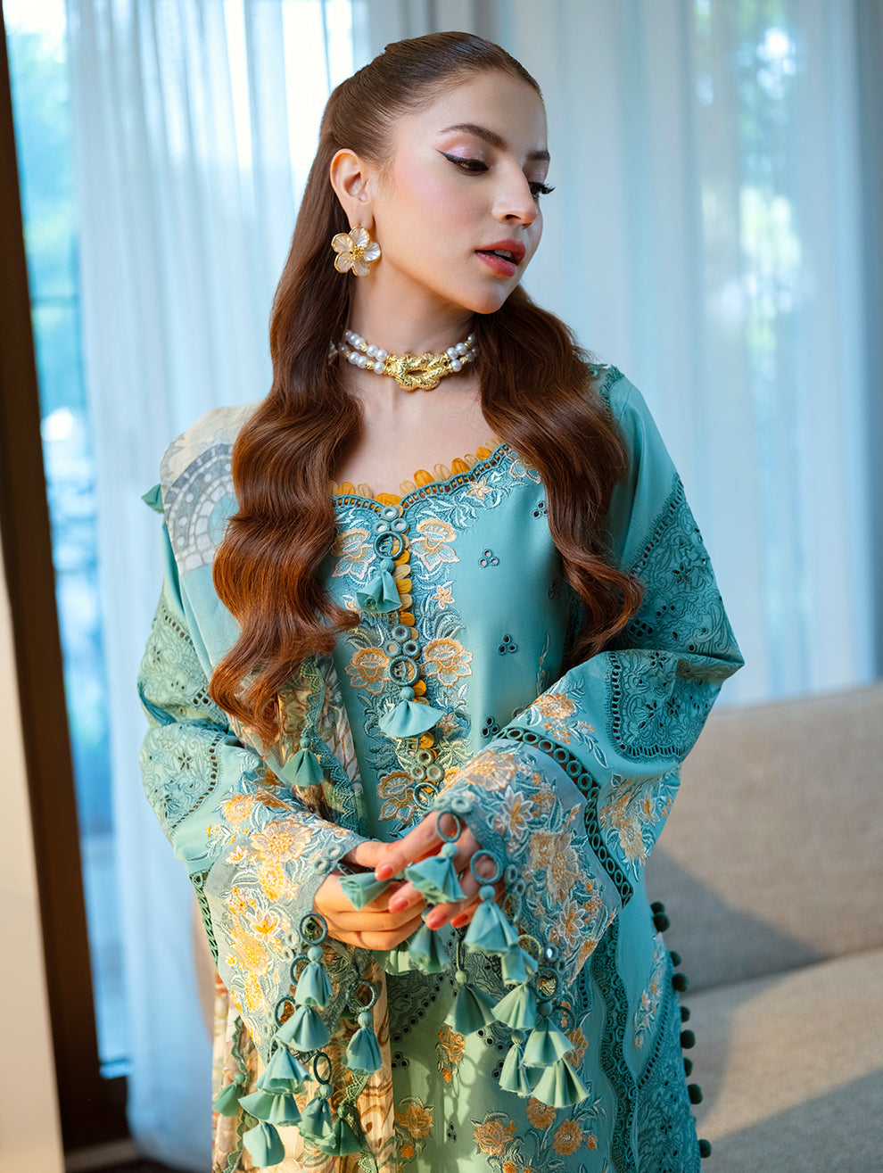 Aqua Marine Embroided Lawn 3-Piece Outfit - Crafted for Queens