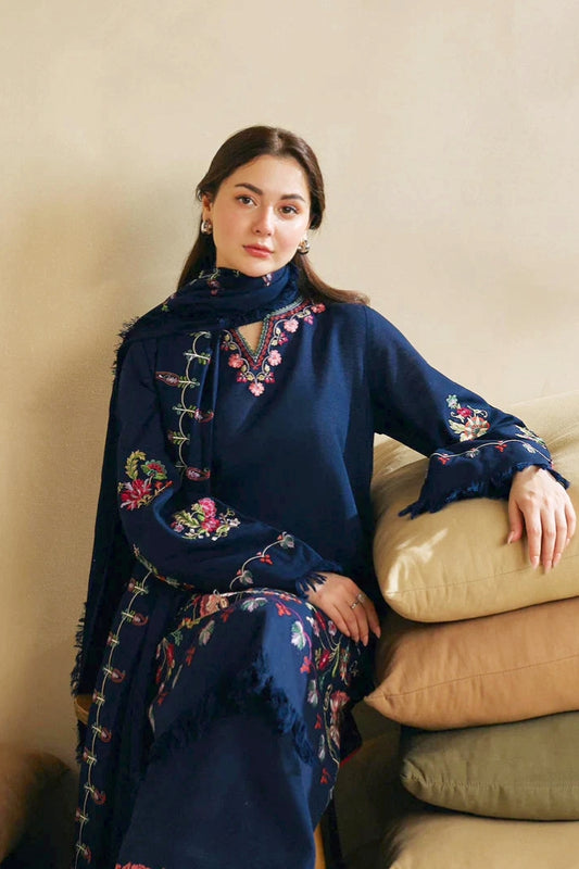 Floral Blue Embroidered Dhanak 3-Piece Outfit - Festive Attire