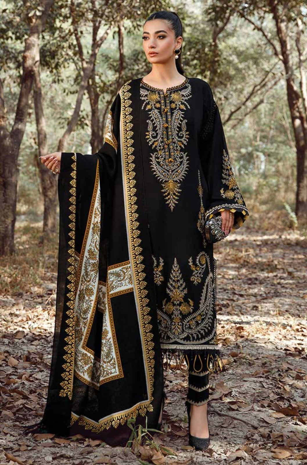 Dark Luxe Embroided 3-piece Suit with Pashmina wool Printed Shawl