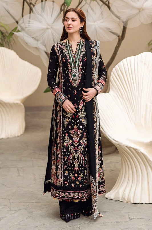 Luxury Embroidered Dhanak 3-Piece Suit – Black