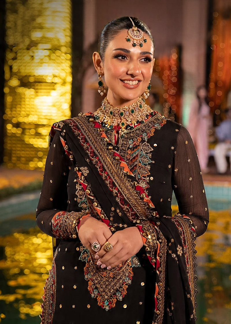 Luxury Black Embroidered Dhanak 3-Piece Suit with Neck Patch