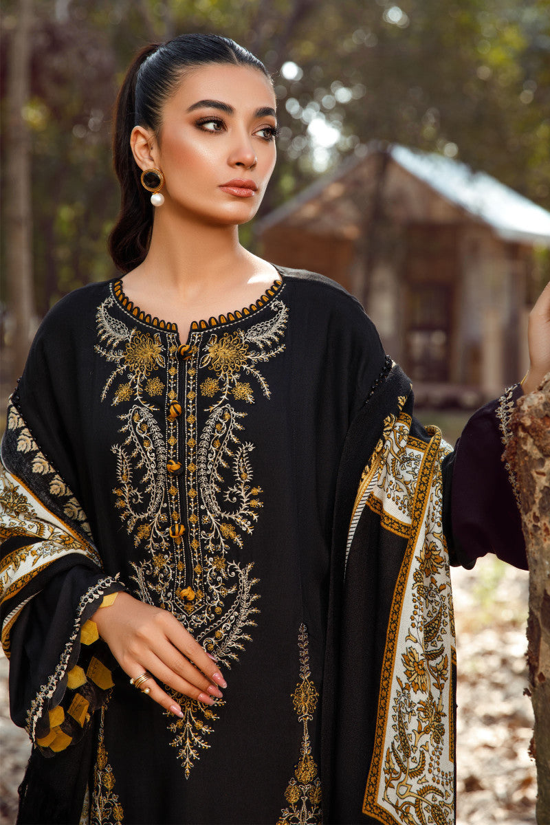 Dark Luxe Embroided 3-piece Suit with Pashmina wool Printed Shawl