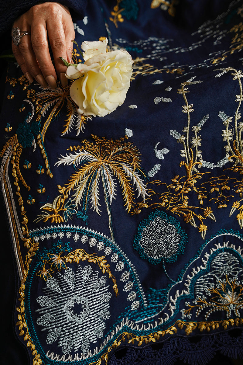 Elegant Navy Charm Embroidered Dhanak 3-Piece Outfit