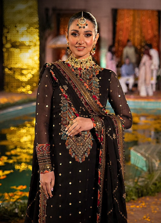 Luxury Black Embroidered Dhanak 3-Piece Suit with Neck Patch