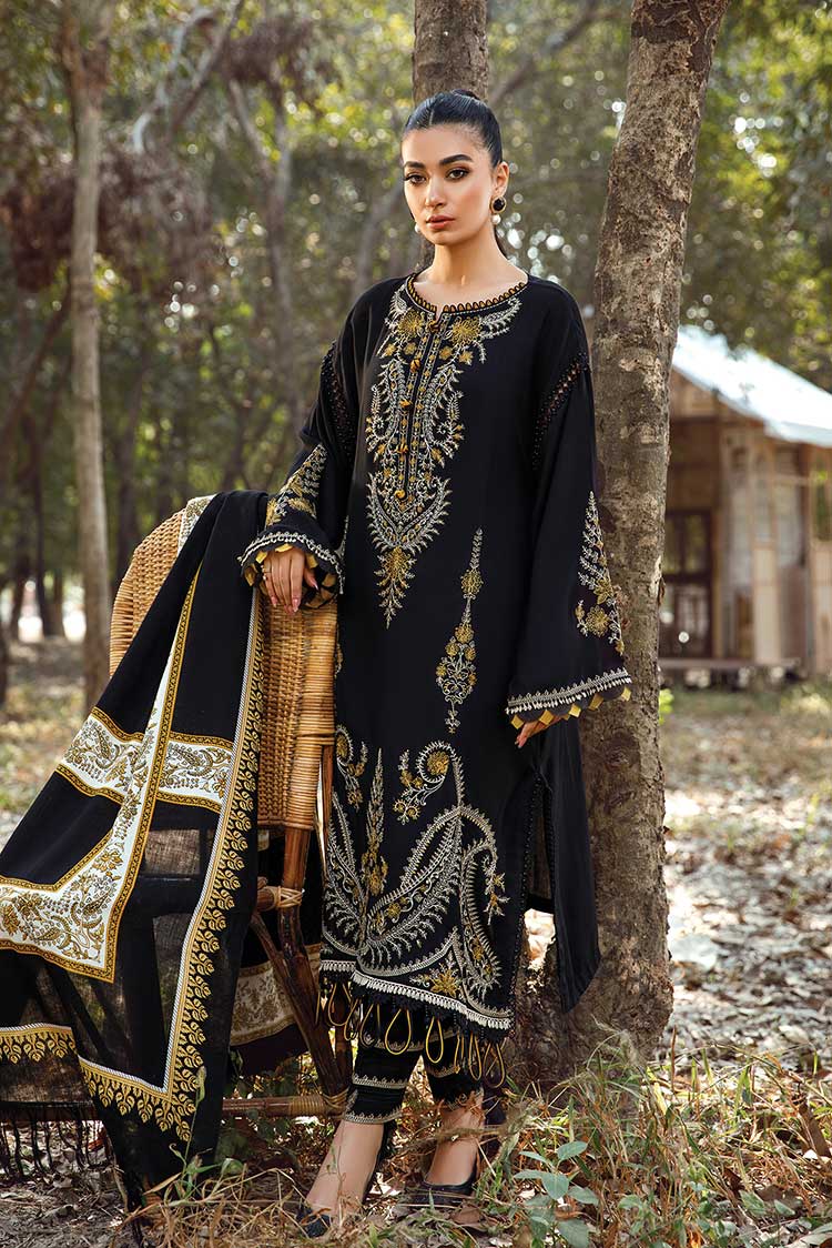 Dark Luxe Embroided 3-piece Suit with Pashmina wool Printed Shawl