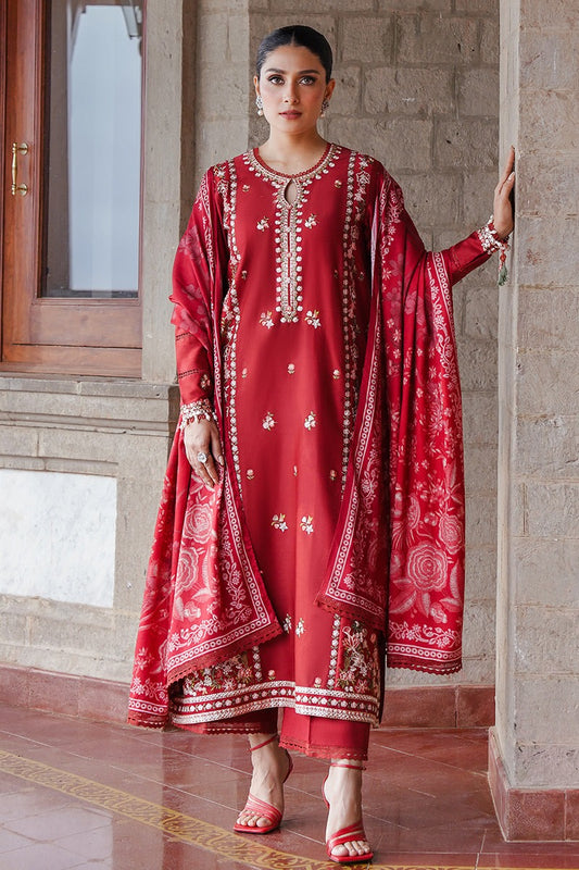 Red Ember Embroidered Dhanak 3-Piece Suit