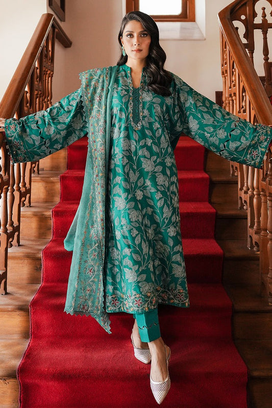 Emerald Green Embroidered Dhanak 3-Piece Suit