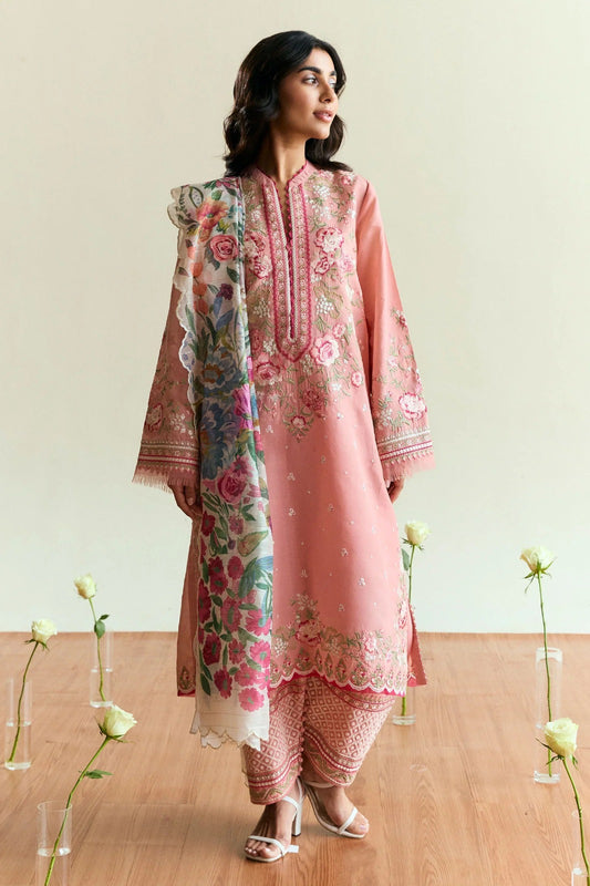 Peach Pink Embroidered Dhanak 3-Piece Suit