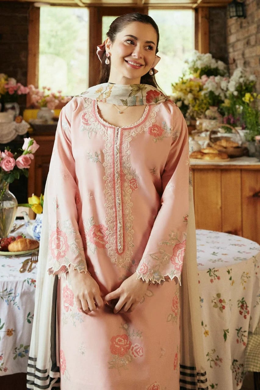 Rose Pink Embroidered 3-Piece Suit with Printed Dupatta