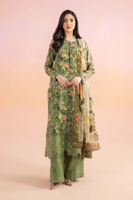 Olive Green Embroidered 3-Piece Suit – Elegant Floral Detailing