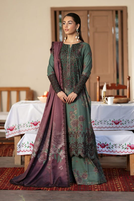 Forest Green Printed Suit with Plum Dupatta – Classic Festive Wear