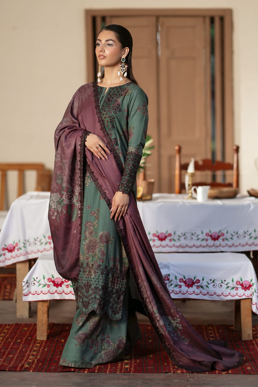 Forest Green Printed Suit with Plum Dupatta – Classic Festive Wear