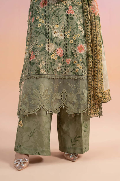 Olive Green Embroidered 3-Piece Suit – Elegant Floral Detailing