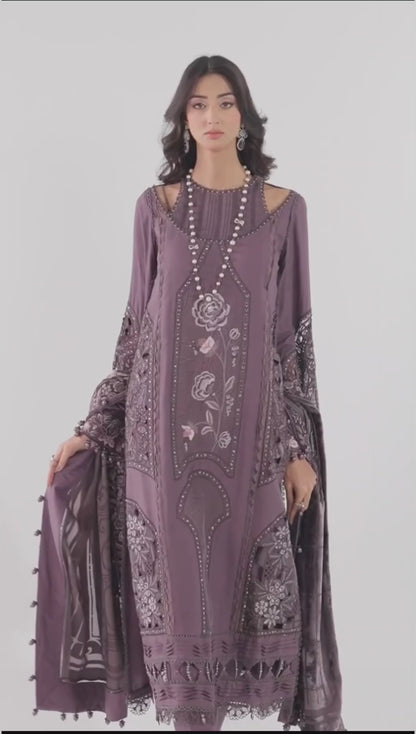 Chic Mauve Embroidered Dhanak 3-Piece Suit