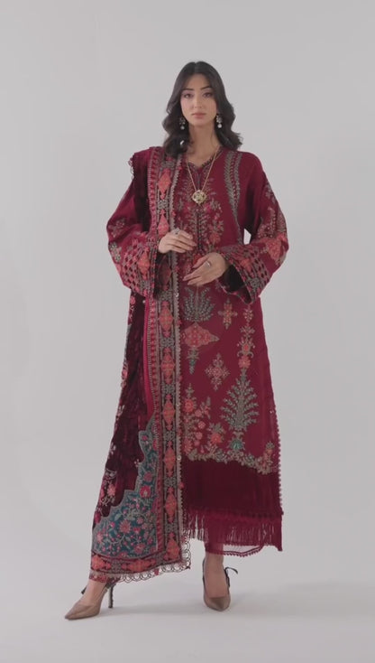 Maroon Embroidered Dhanak 3-Piece Suit