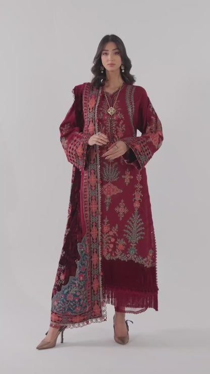 Maroon Embroidered Dhanak 3-Piece Suit