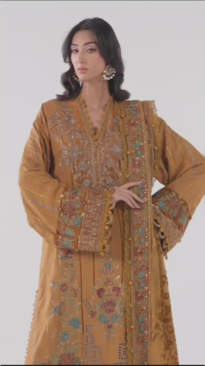 Luxury Mustard Embroidered Dhanak 3-Piece Suit