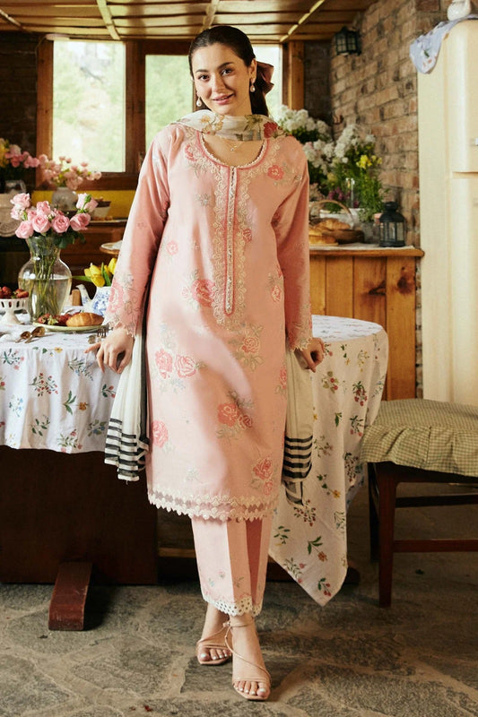 Rose Pink Embroidered 3-Piece Suit with Printed Dupatta