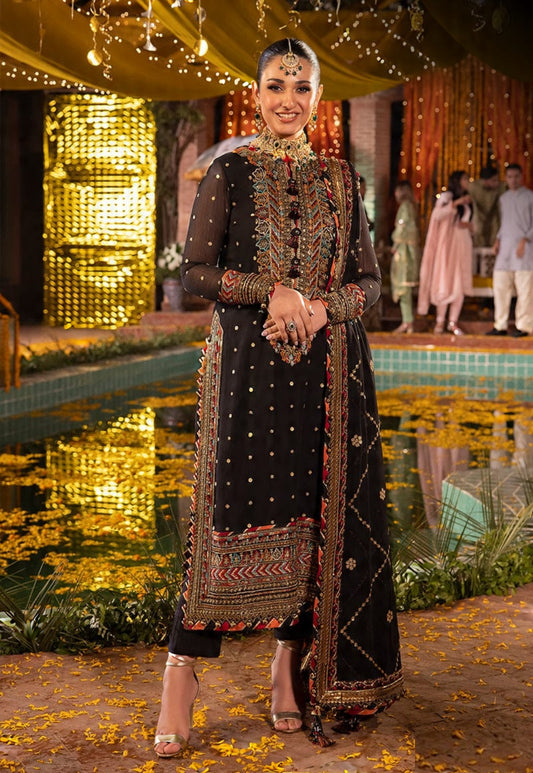 Luxury Black Embroidered Dhanak 3-Piece Suit with Neck Patch