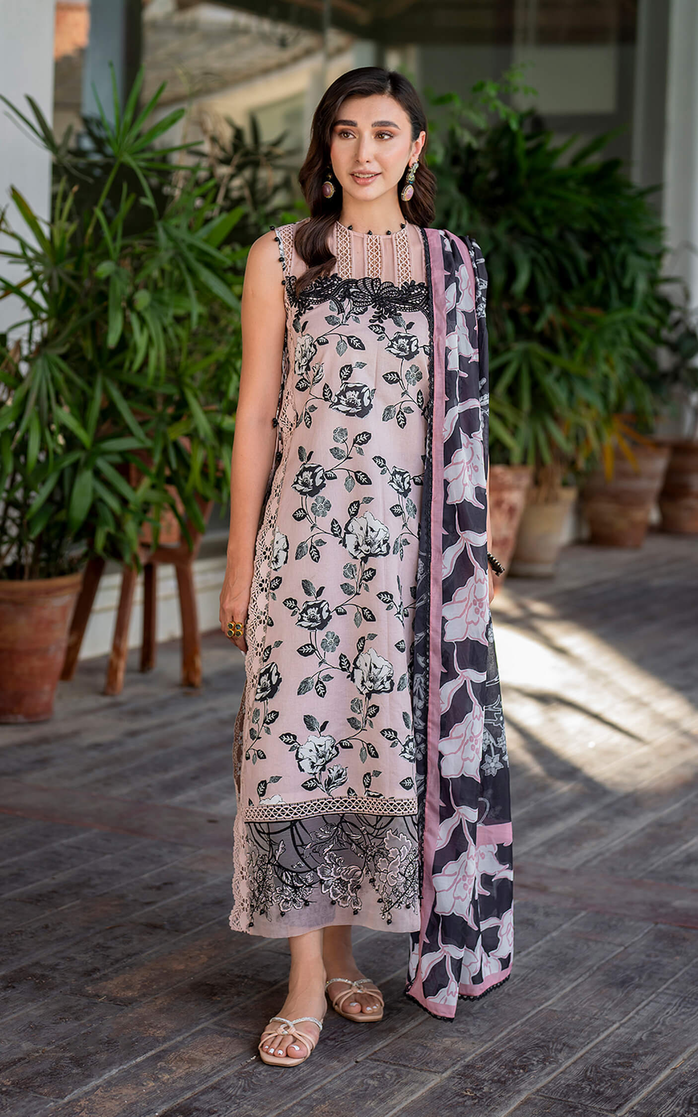 Light Pink Printed Pure Dhanak 3-Piece Suit