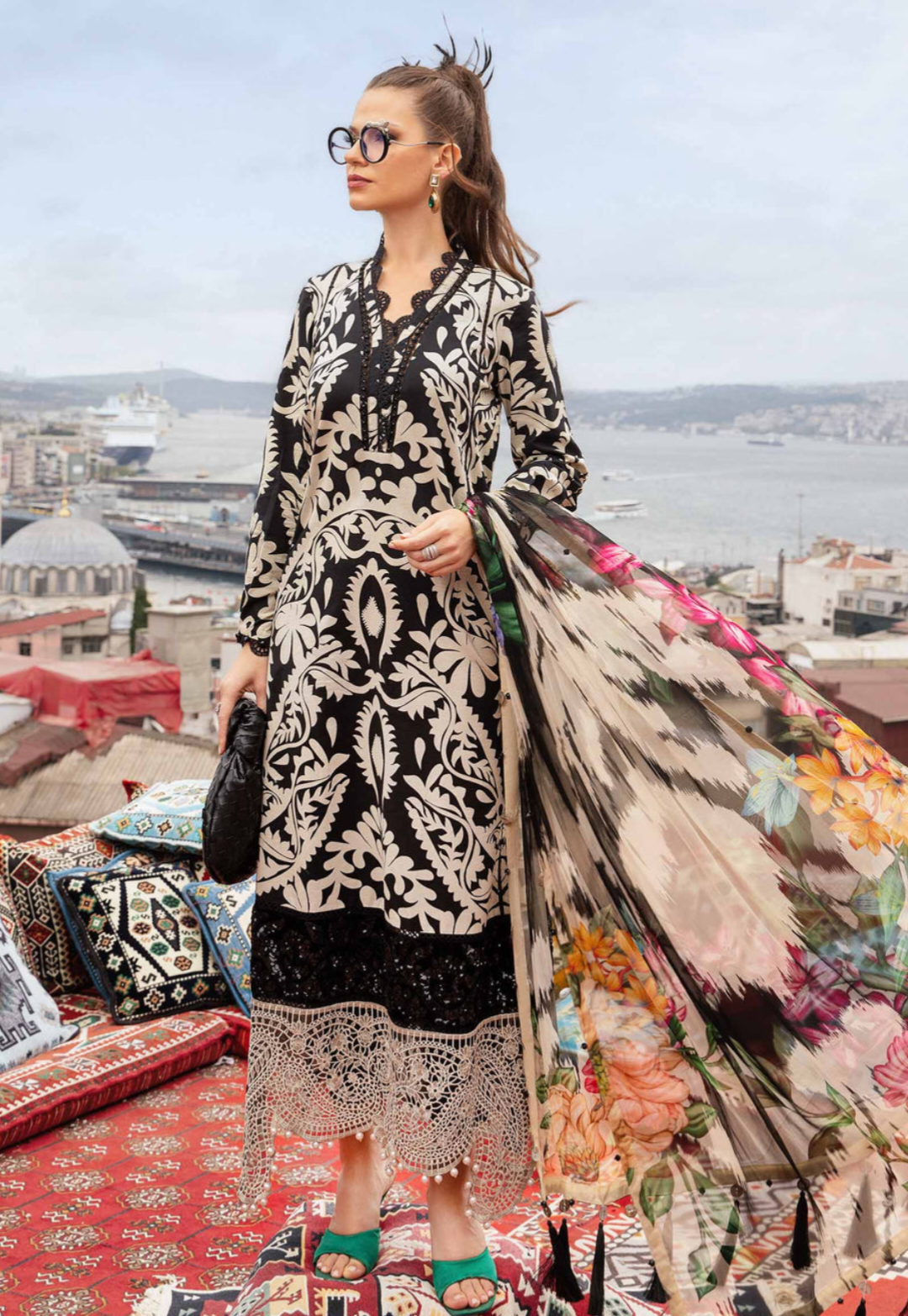 White & Black Embroidered 3-piece Lawn Suit
