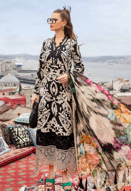 White & Black Embroidered 3-piece Lawn Suit
