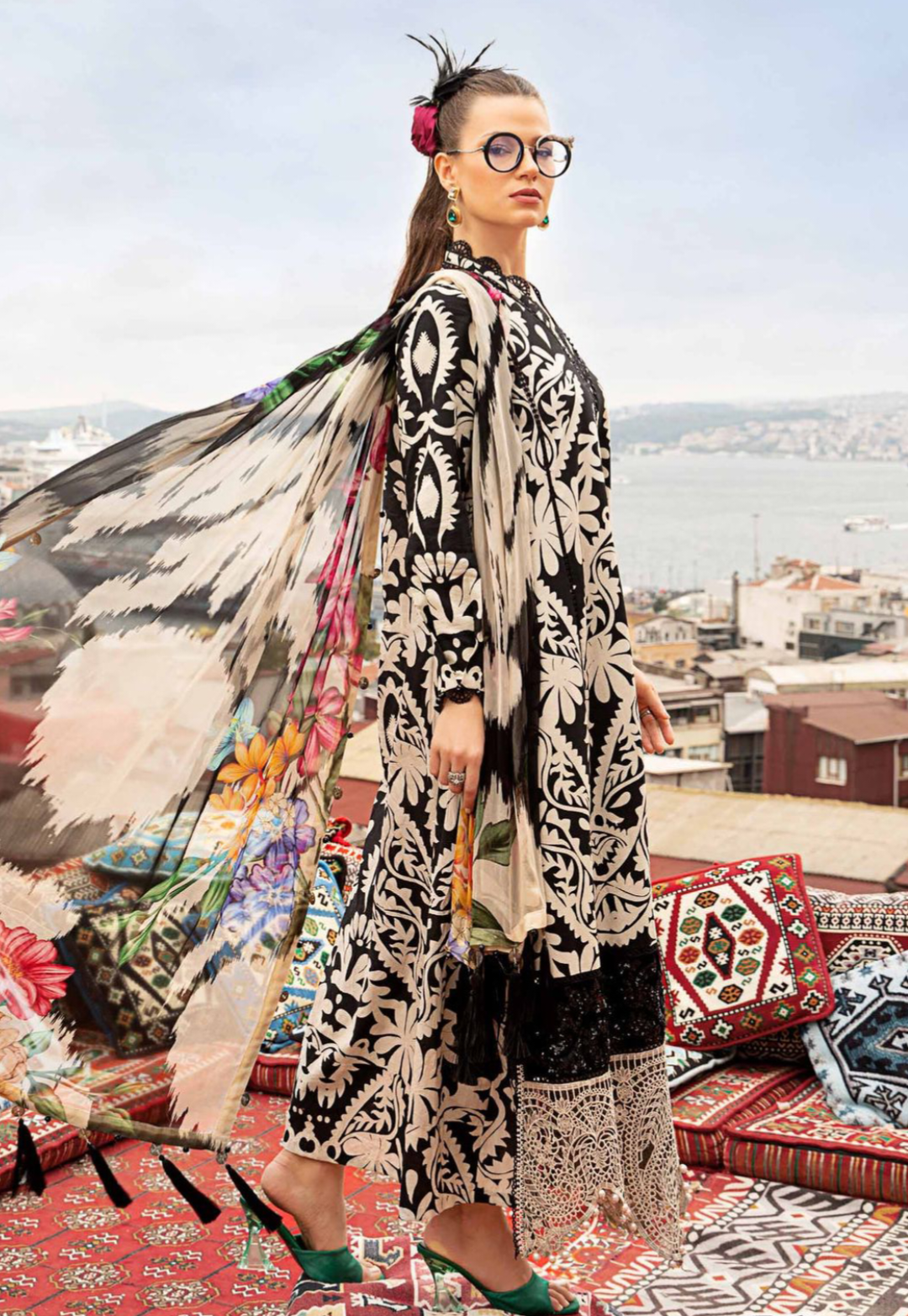 White & Black Embroidered 3-piece Lawn Suit