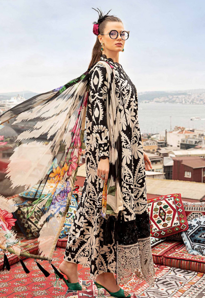 White & Black Embroidered 3-piece Lawn Suit