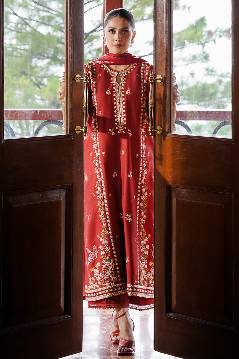 Red Ember Embroidered Dhanak 3-Piece Suit