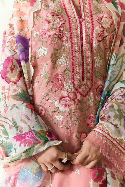 Peach Pink Embroidered Dhanak 3-Piece Suit