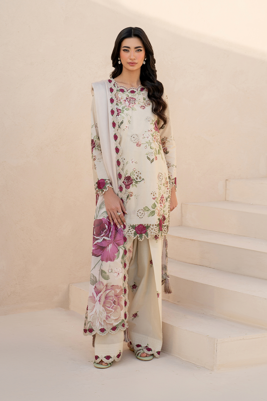 Ivory Floral Printed Dhanak 3-Piece Suit