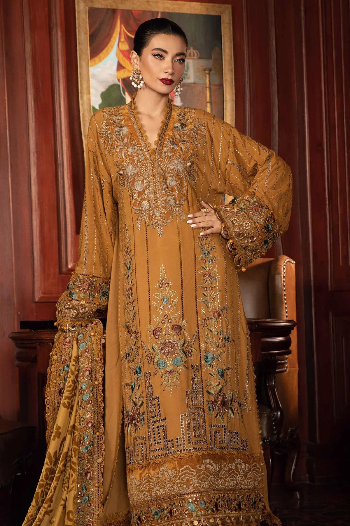 Luxury Mustard Embroidered Dhanak 3-Piece Suit