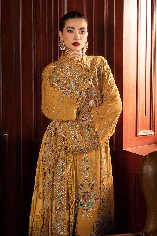 Luxury Mustard Embroidered Dhanak 3-Piece Suit