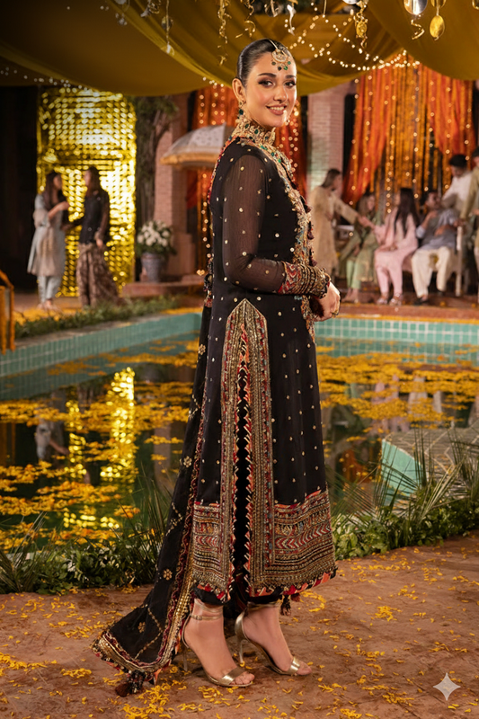 Luxury Black Embroidered Dhanak 3-Piece Suit with Neck Patch