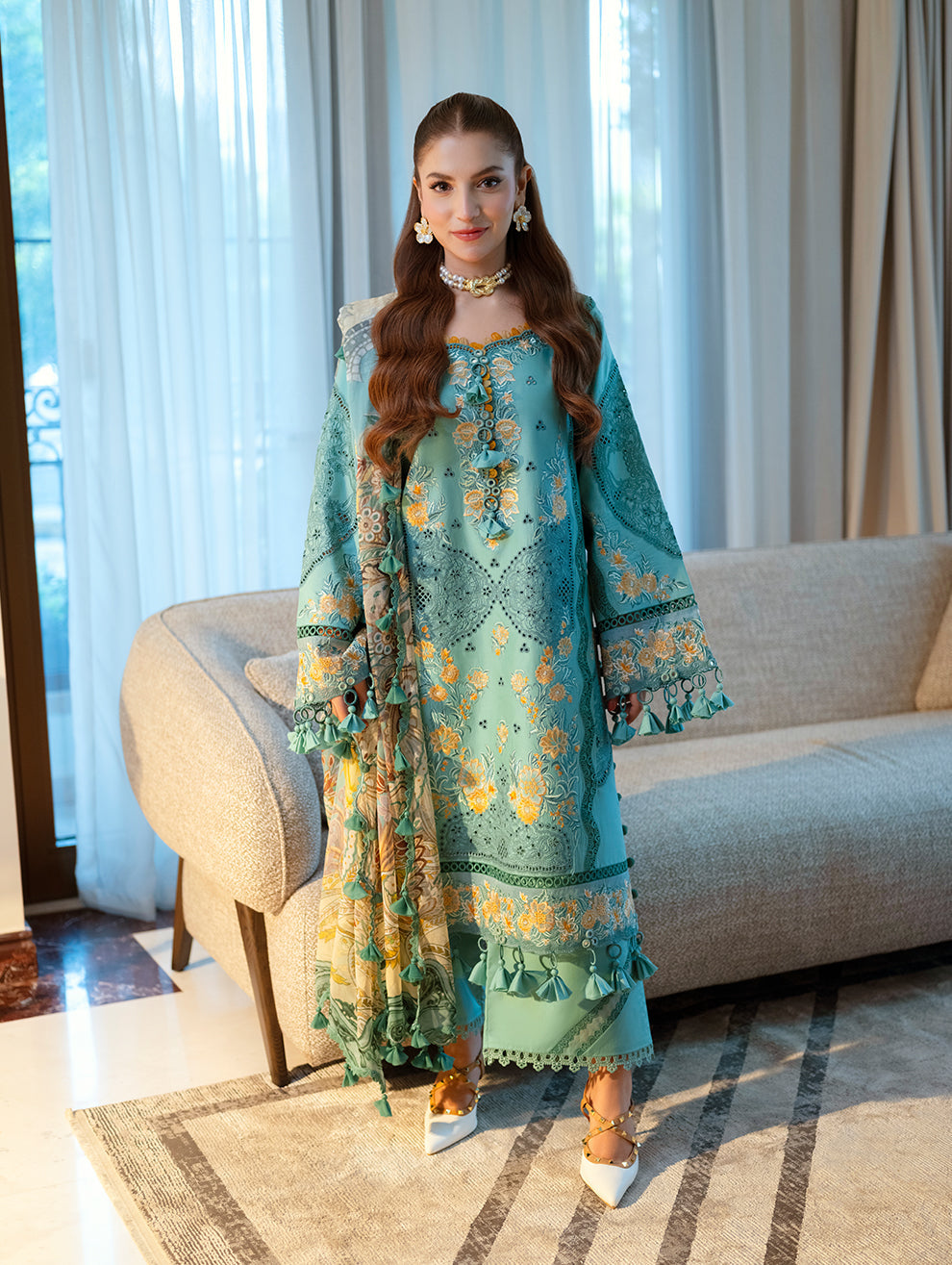 Aqua Marine Embroided Lawn 3-Piece Outfit - Crafted for Queens
