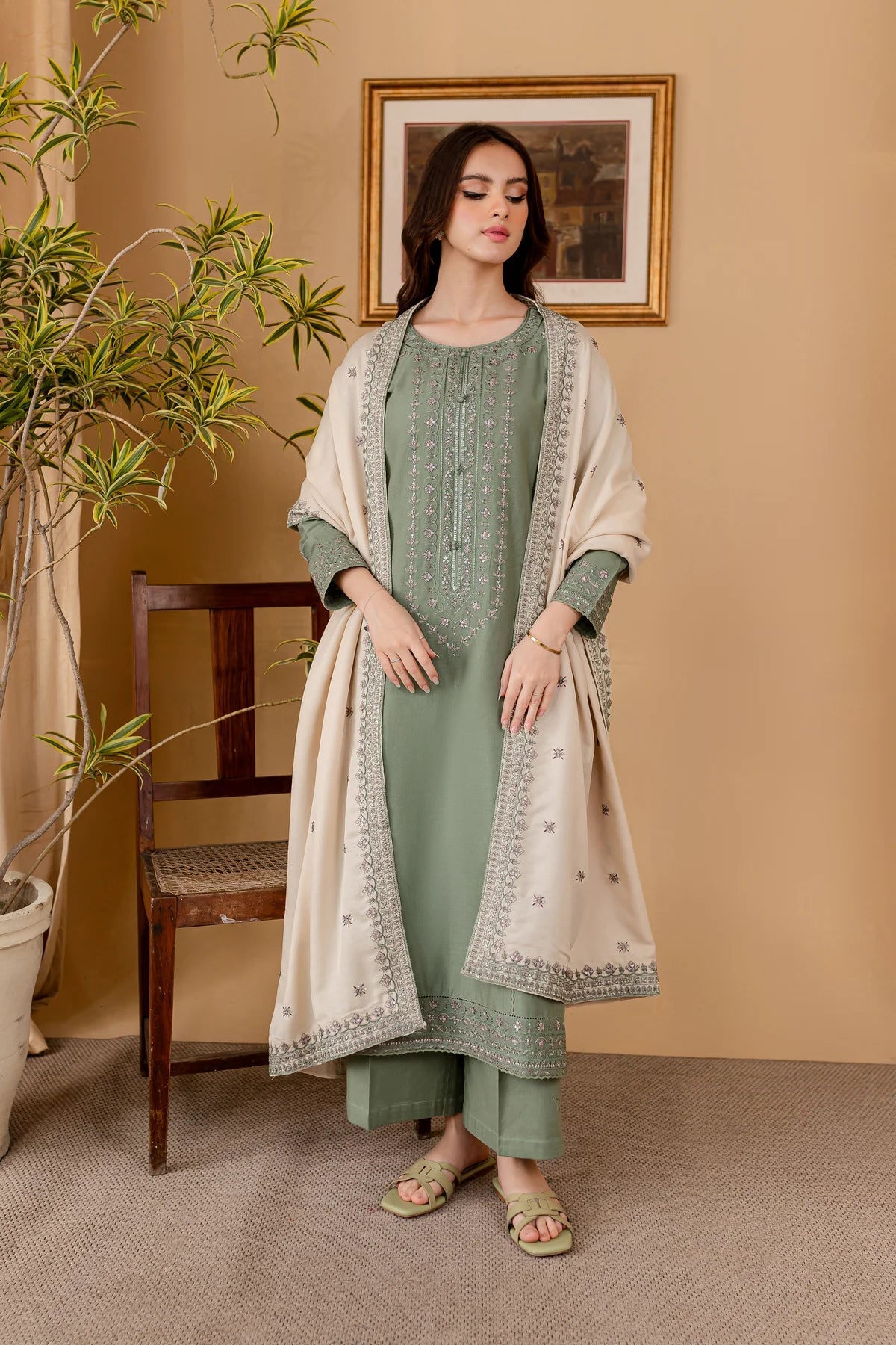 Sage Serenade Embroidered Dhanak 3-piece Outfit