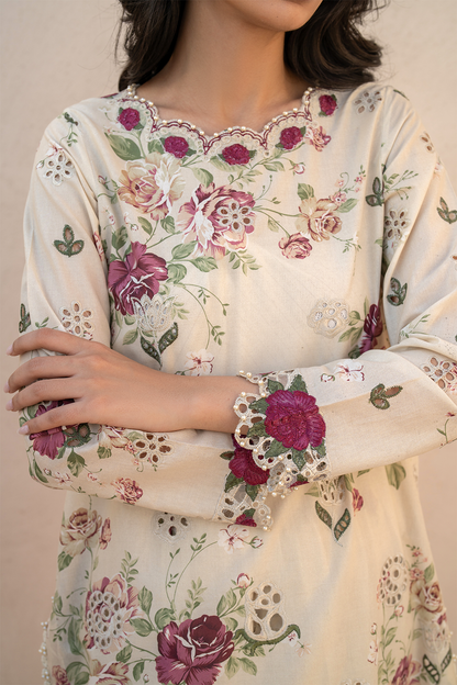 Ivory Floral Printed Dhanak 3-Piece Suit