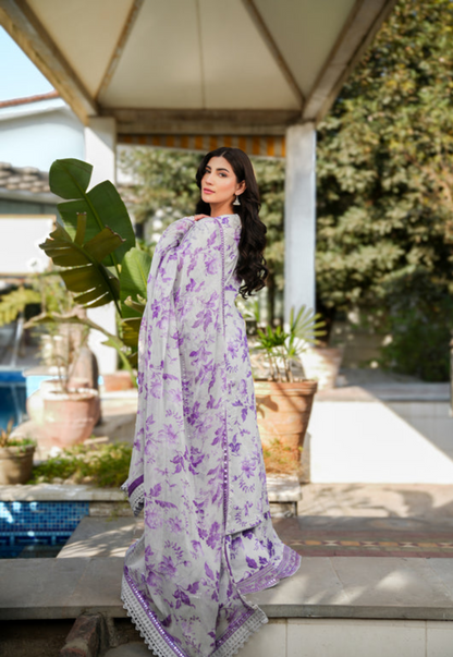 White & Purple Printed Pure Lawn 3-Piece Suit