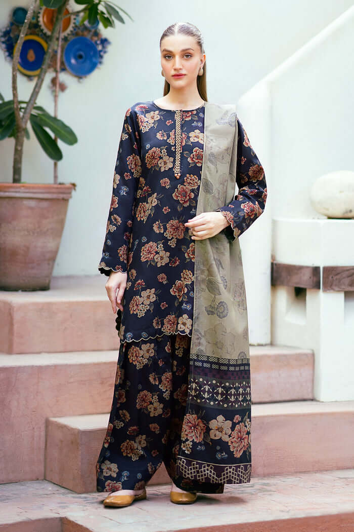 Elegant Navy Printed Dhanak 3-Piece Suit - Floral Pattern