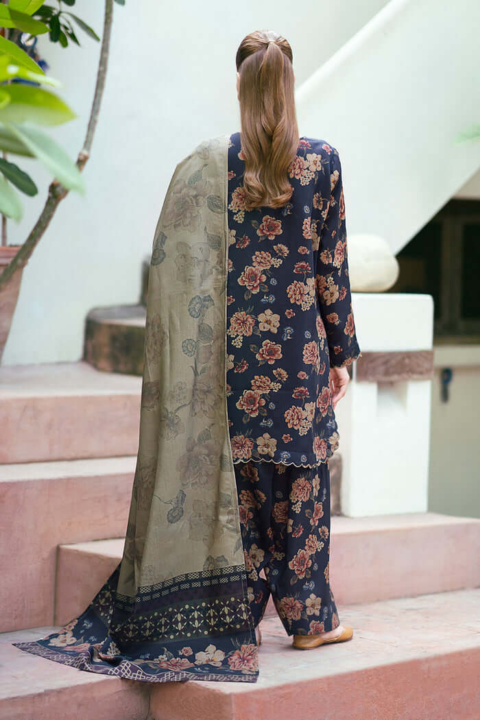Elegant Navy Printed Dhanak 3-Piece Suit - Floral Pattern