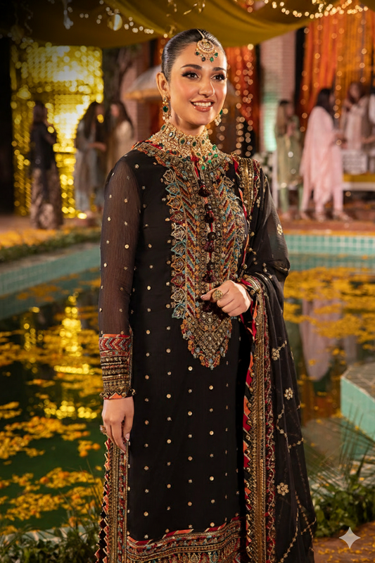 Luxury Black Embroidered Dhanak 3-Piece Suit with Neck Patch